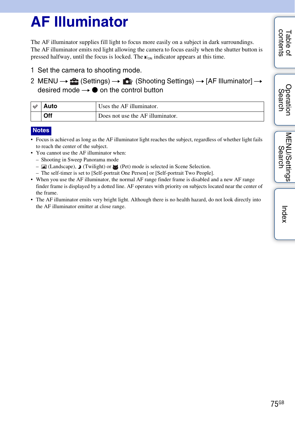Af illuminator | Sony DSC-W560 User Manual | Page 75 / 141