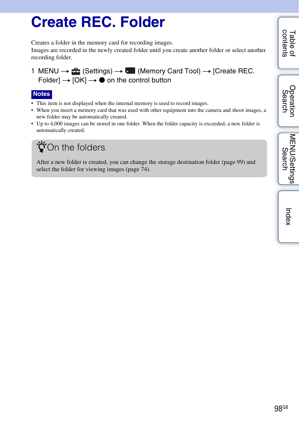 Create rec. folder, On the folders | Sony DSC-W560 User Manual | Page 98 / 141