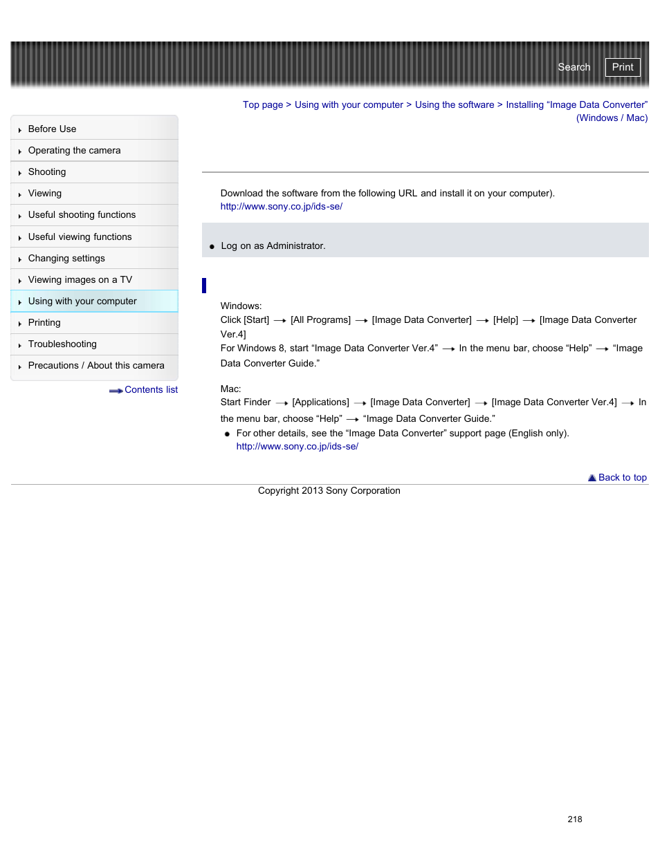 Installing “image data converter” (windows / mac), Viewing “image data converter guide, Cyber-shot user guide | Sony DSC-RX100M2 User Manual | Page 227 / 269
