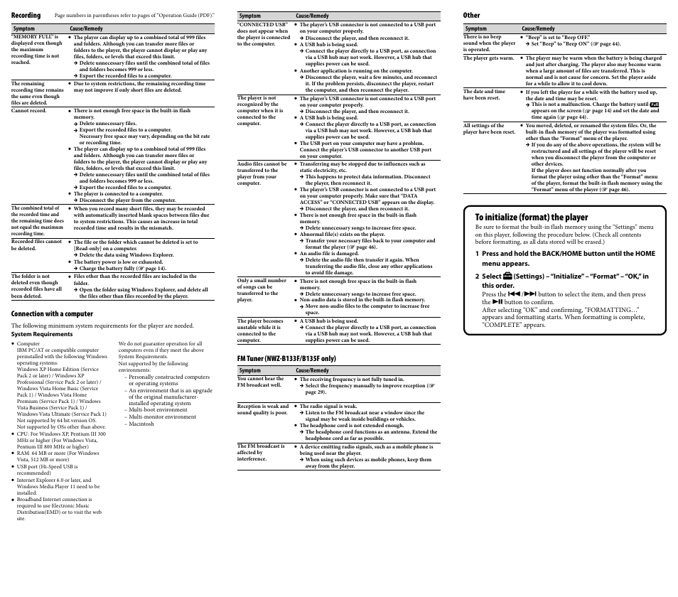 Recording, Connection with a computer, Other | Sony NWZ-B133F User Manual | Page 2 / 2