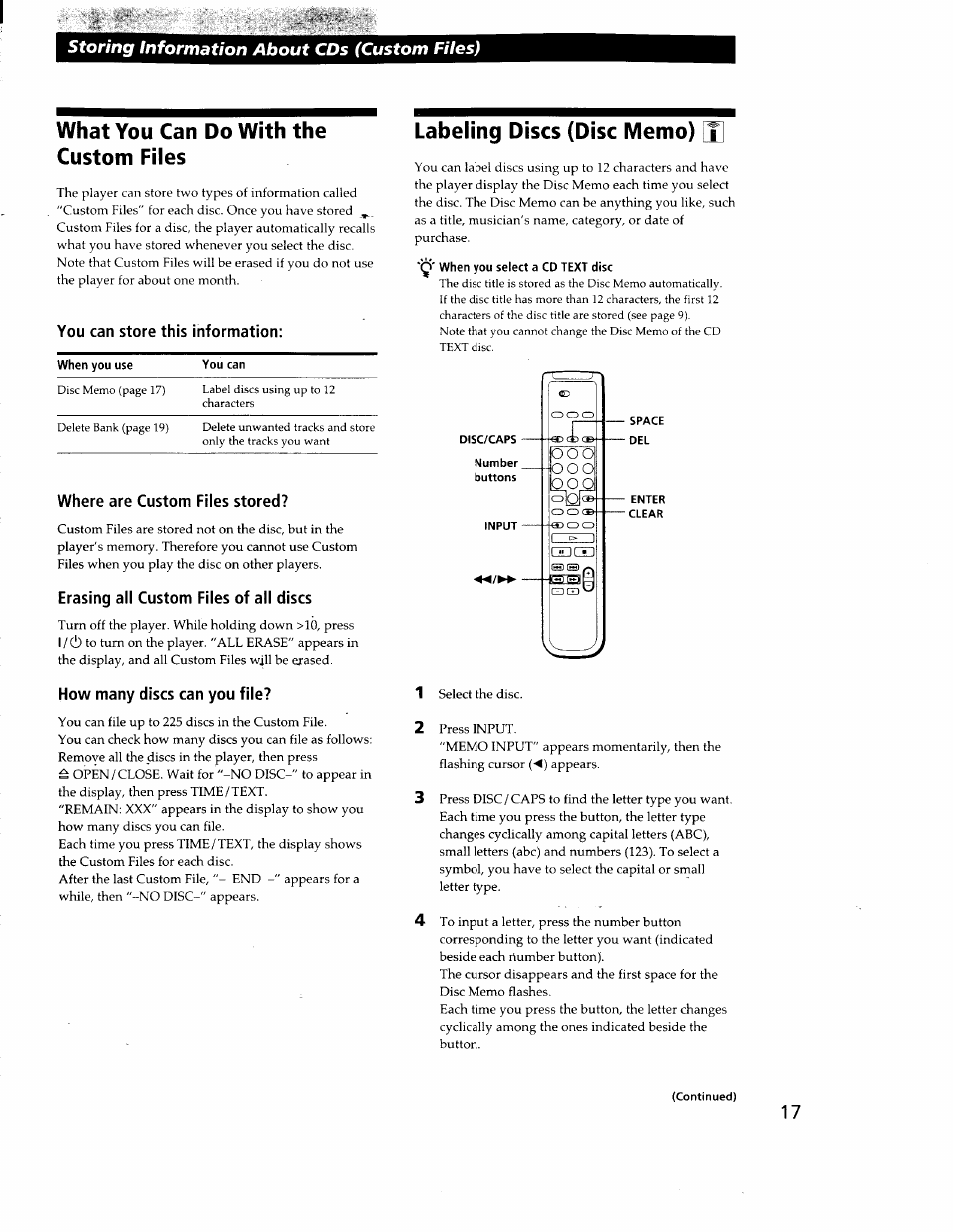 You can store this information, Where are custom files stored, Erasing all custom files of all discs | How many discs can you file, What you can do with the custom files, Storing information about cds (custom files) | Sony CDP-CA80ES User Manual | Page 19 / 26