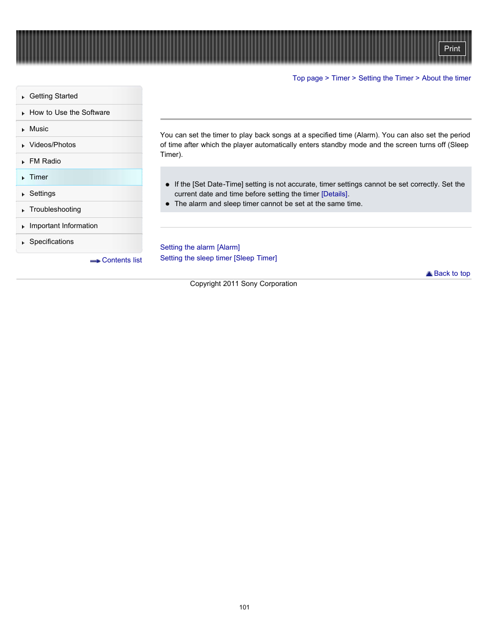 About the timer | Sony NWZ-E364BLK User Manual | Page 101 / 172