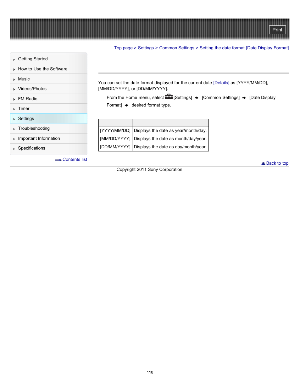 Setting the date format [date display format, Details | Sony NWZ-E364BLK User Manual | Page 110 / 172