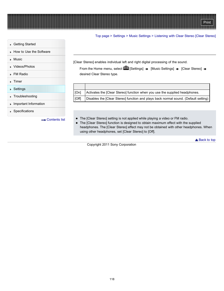 Listening with clear stereo [clear stereo | Sony NWZ-E364BLK User Manual | Page 118 / 172