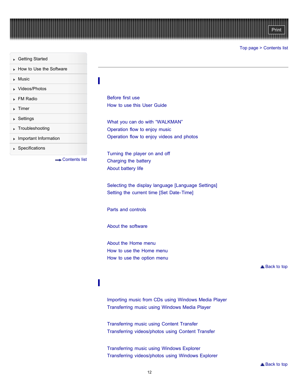 Contents list | Sony NWZ-E364BLK User Manual | Page 12 / 172
