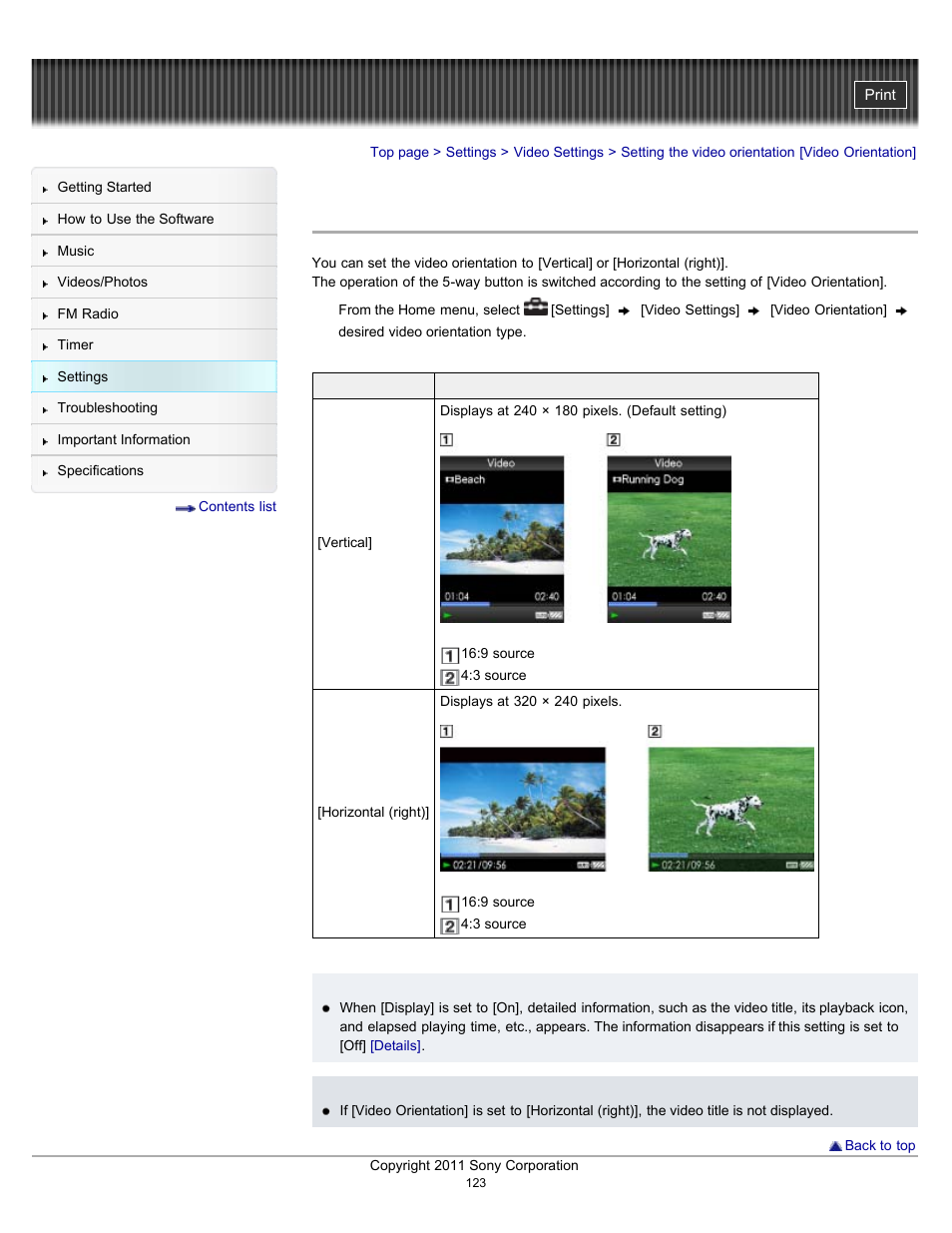 Setting the video orientation [video orientation | Sony NWZ-E364BLK User Manual | Page 123 / 172