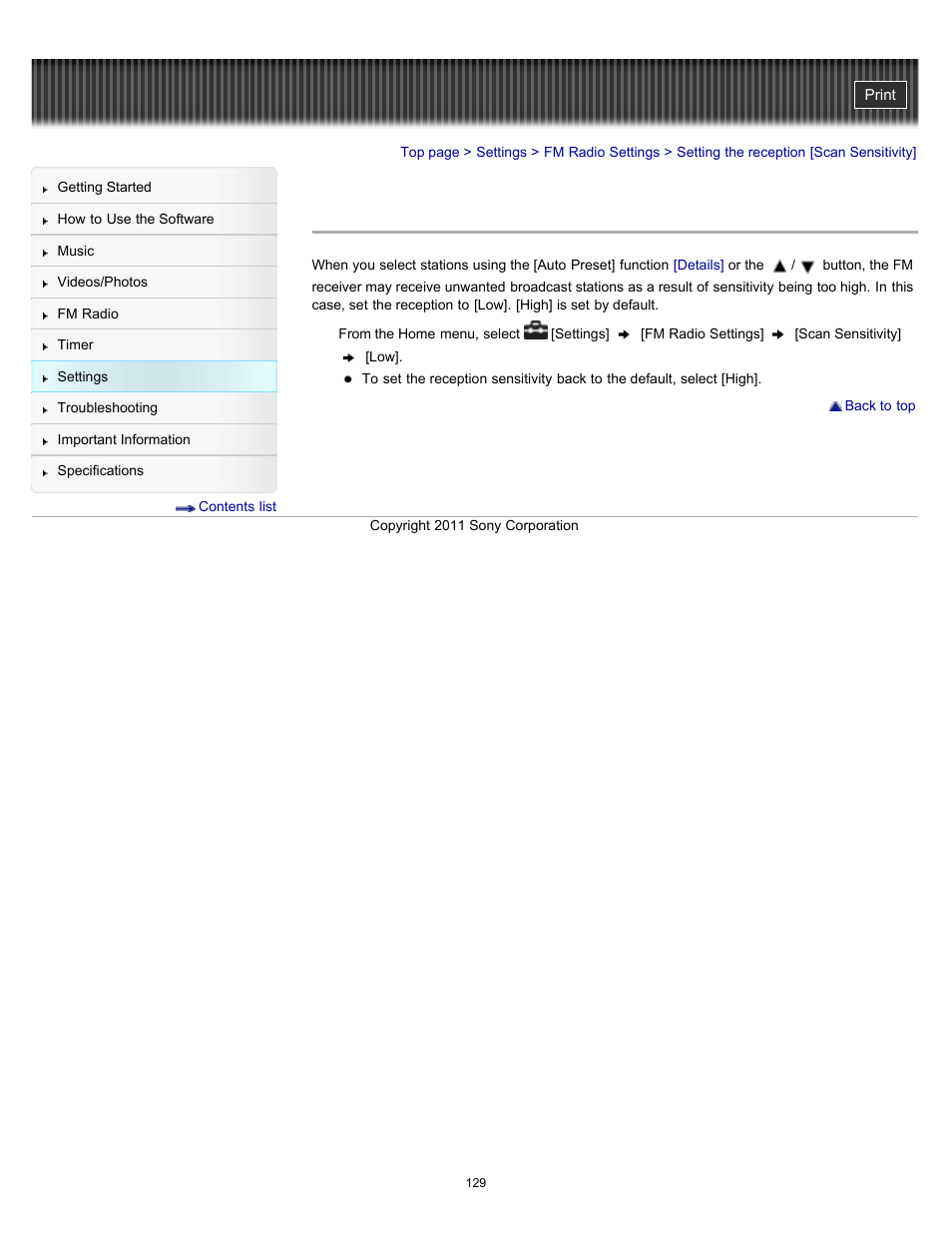 Setting the reception [scan sensitivity | Sony NWZ-E364BLK User Manual | Page 129 / 172