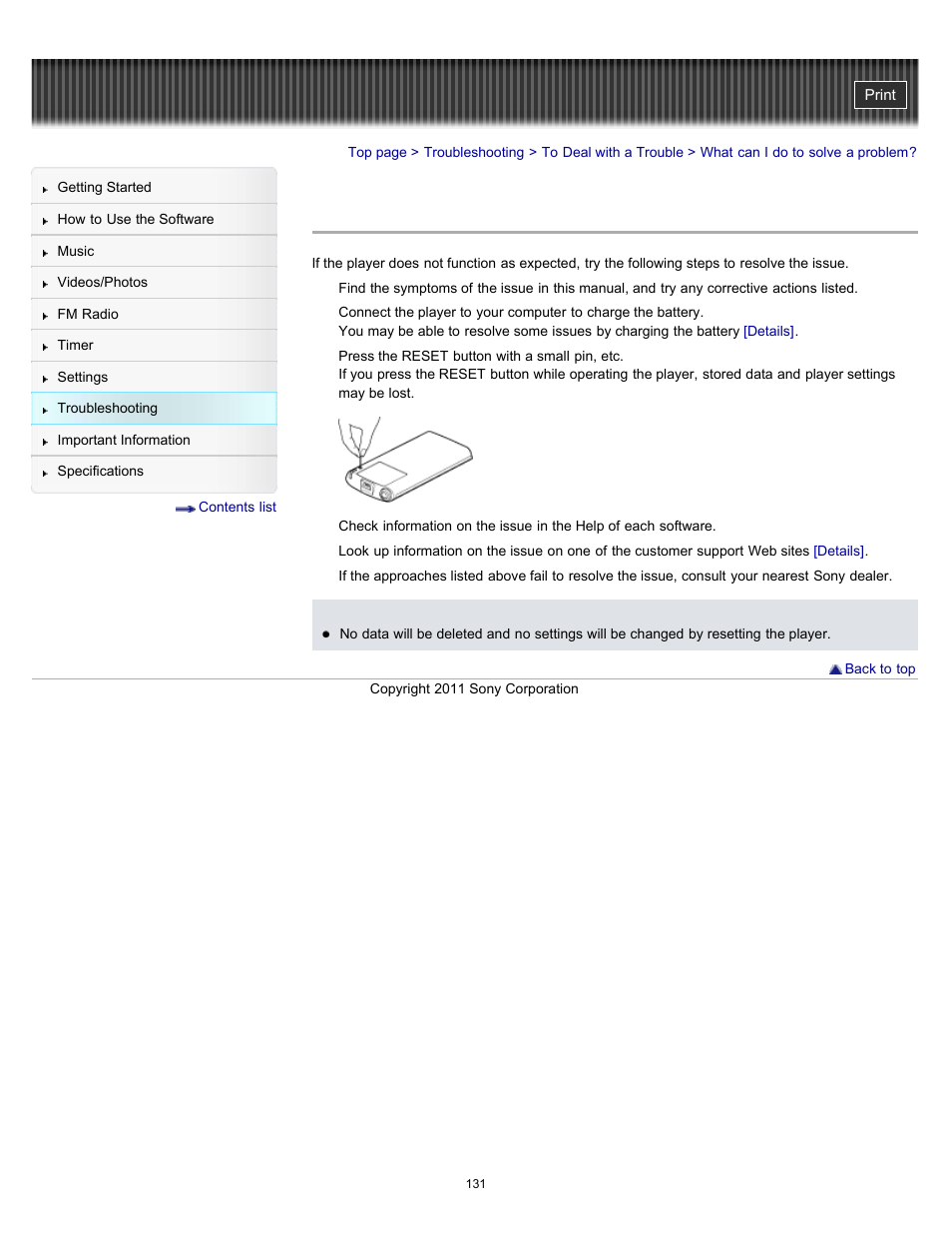 What can i do to solve a problem, Details | Sony NWZ-E364BLK User Manual | Page 131 / 172