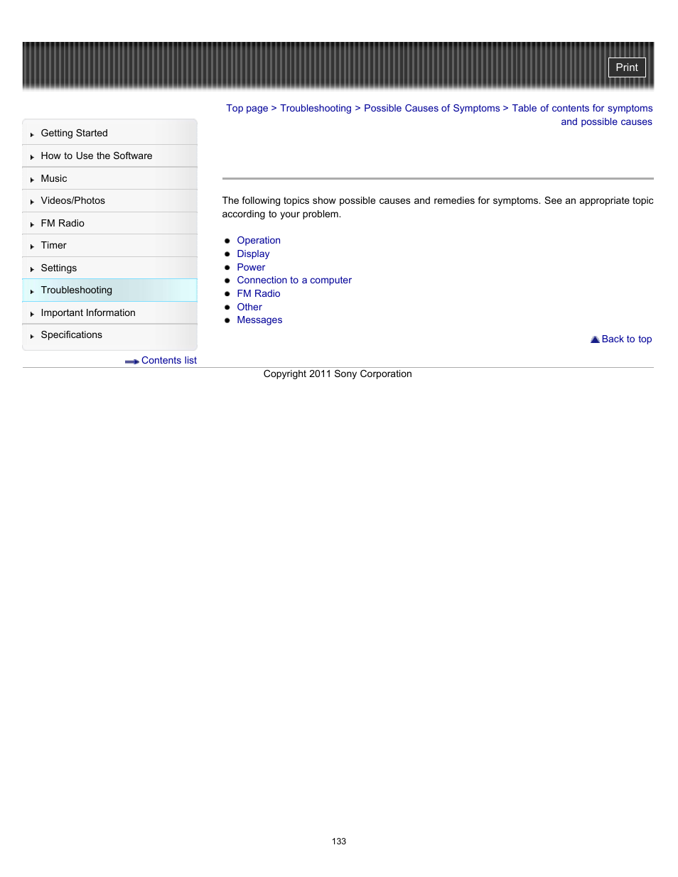 Table of contents for symptoms and possible causes | Sony NWZ-E364BLK User Manual | Page 133 / 172