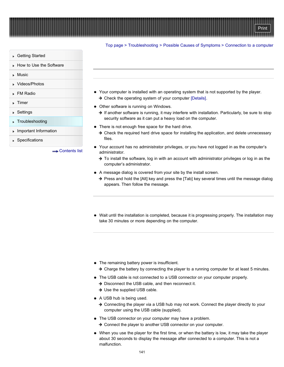 Connection to a computer | Sony NWZ-E364BLK User Manual | Page 141 / 172