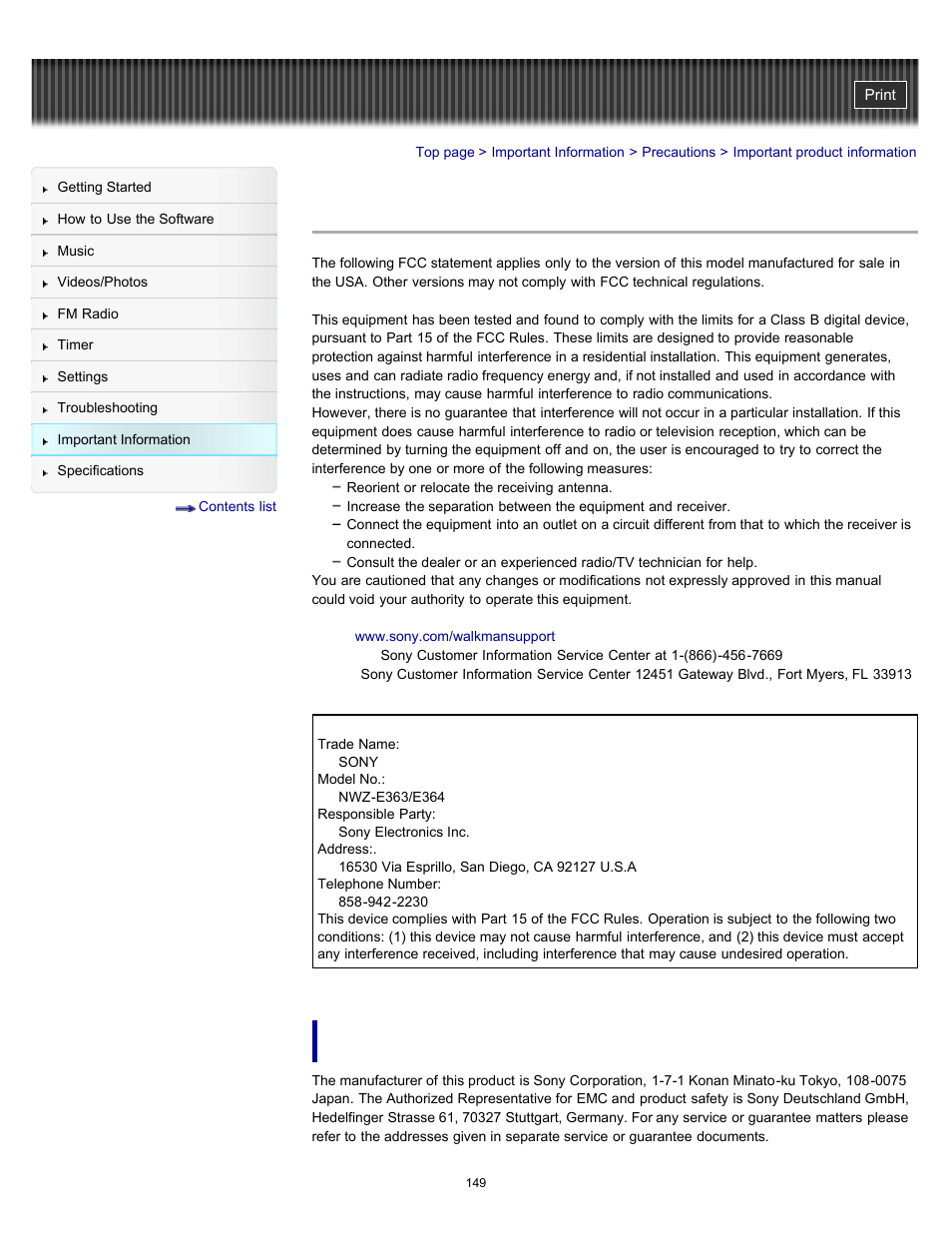Important product information | Sony NWZ-E364BLK User Manual | Page 149 / 172