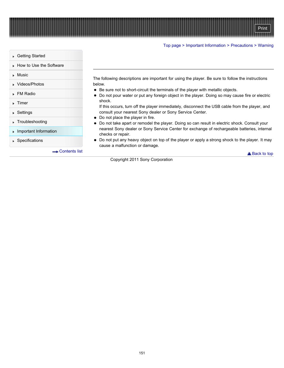 Warning | Sony NWZ-E364BLK User Manual | Page 151 / 172