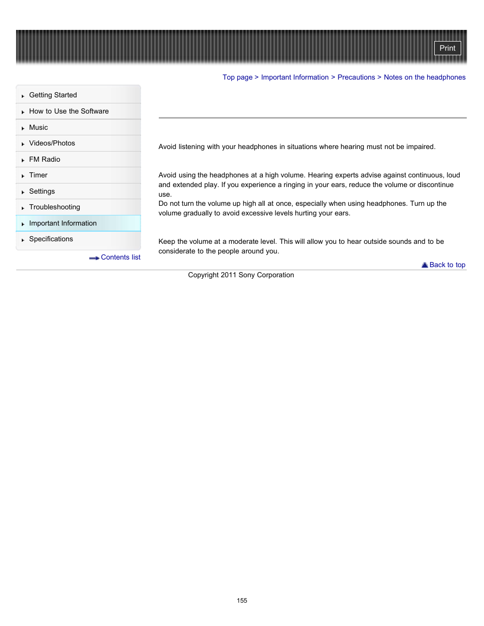 Notes on the headphones | Sony NWZ-E364BLK User Manual | Page 155 / 172