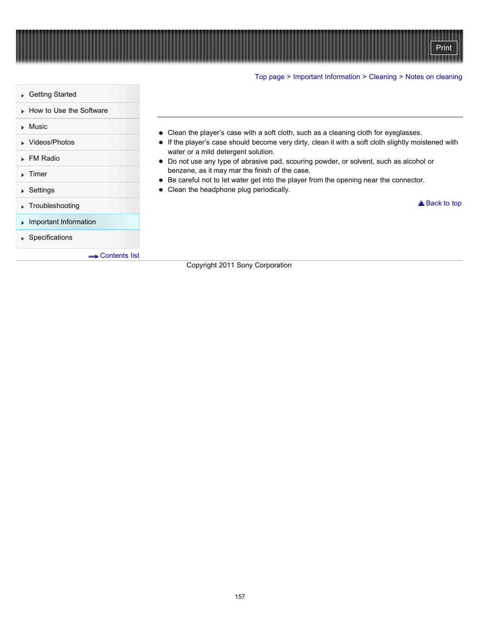 Notes on cleaning | Sony NWZ-E364BLK User Manual | Page 157 / 172