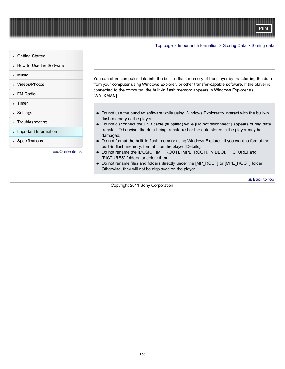 Storing data | Sony NWZ-E364BLK User Manual | Page 158 / 172