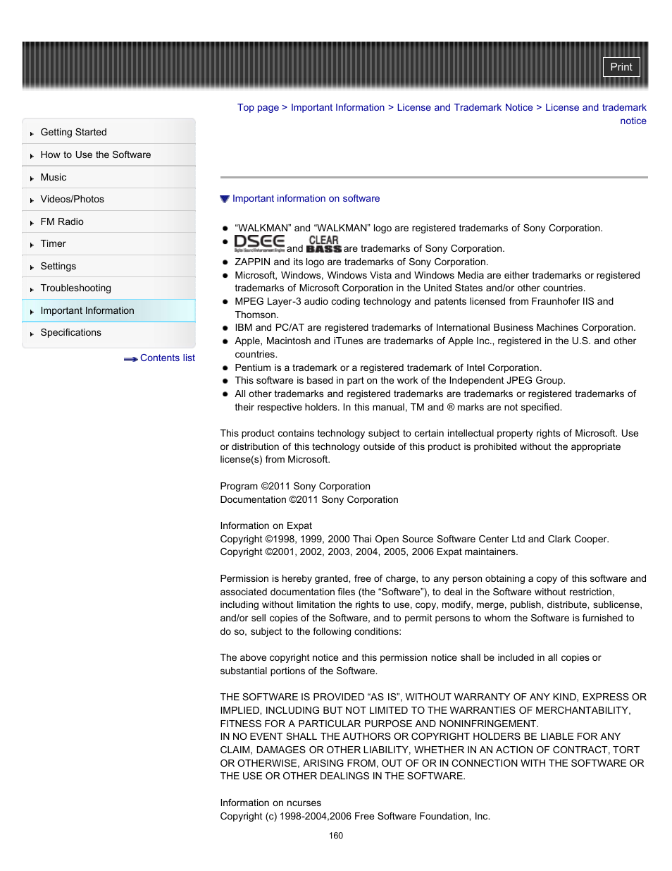 License and trademark notice | Sony NWZ-E364BLK User Manual | Page 160 / 172