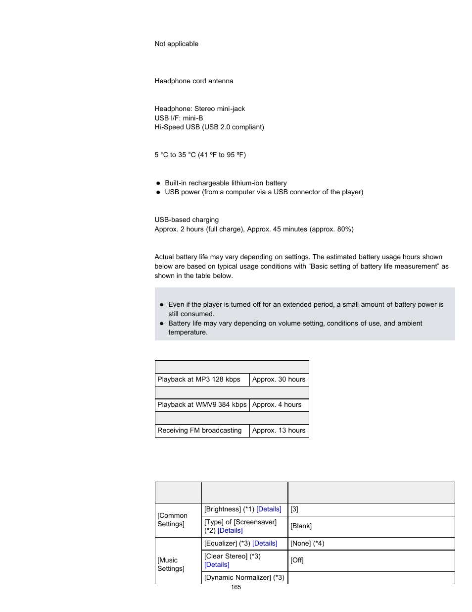 Details, Charging time | Sony NWZ-E364BLK User Manual | Page 165 / 172