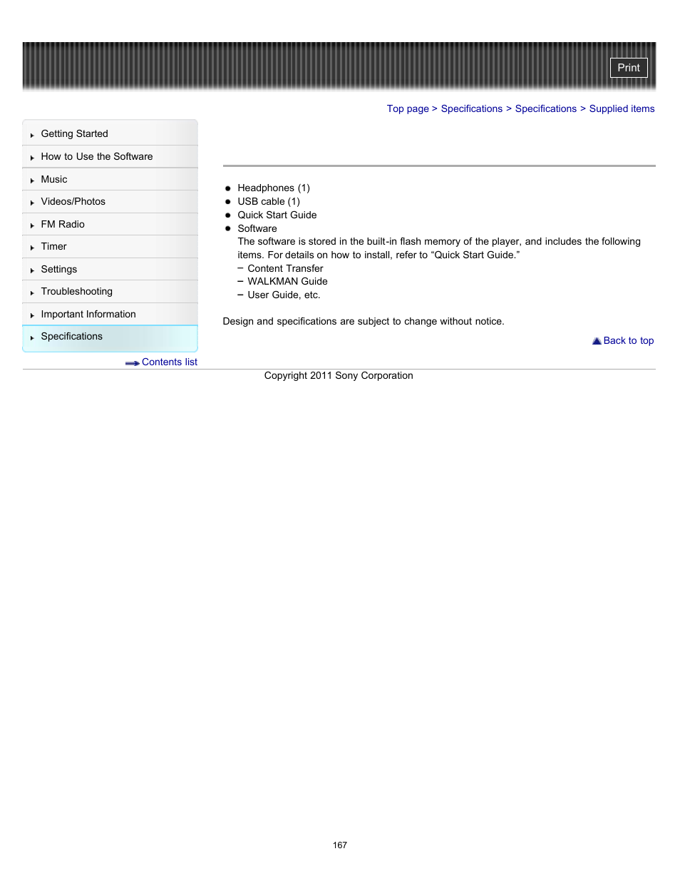 Supplied items | Sony NWZ-E364BLK User Manual | Page 167 / 172