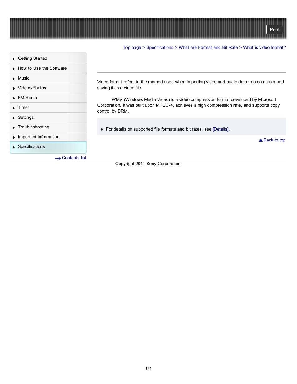 What is video format | Sony NWZ-E364BLK User Manual | Page 171 / 172