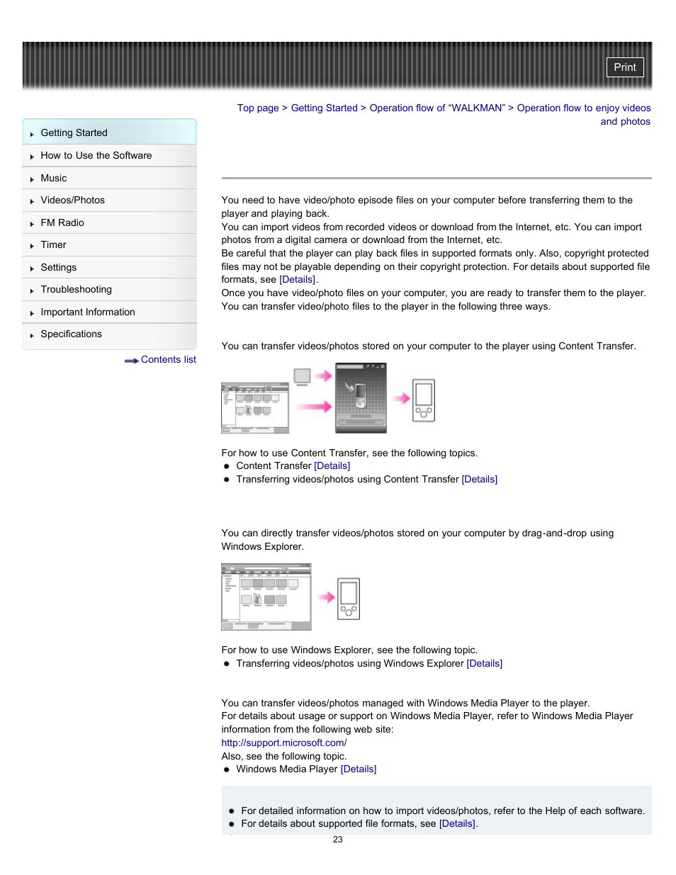 Operation flow to enjoy videos and photos, Details | Sony NWZ-E364BLK User Manual | Page 23 / 172
