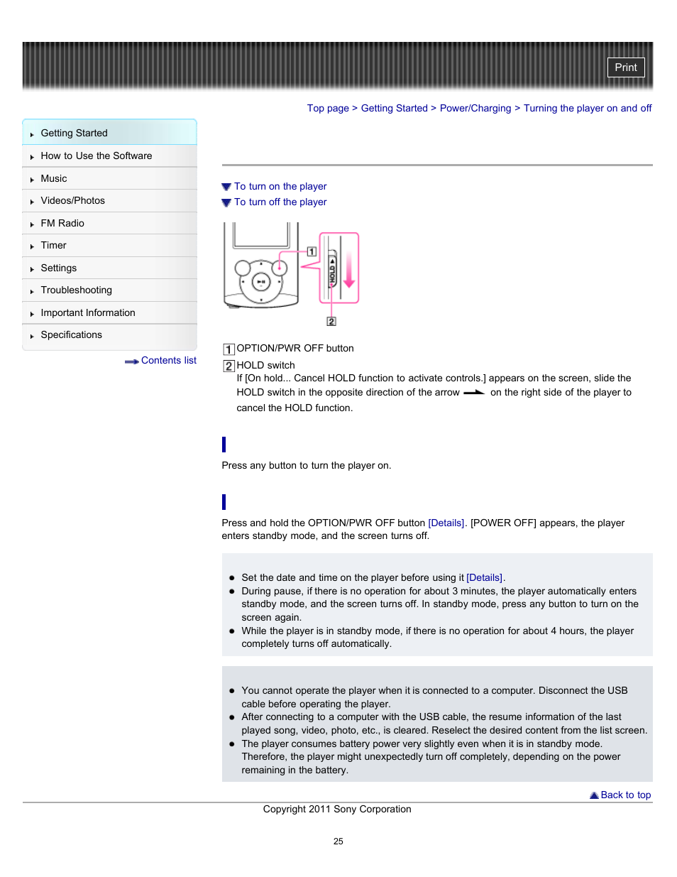 Turning the player on and off | Sony NWZ-E364BLK User Manual | Page 25 / 172