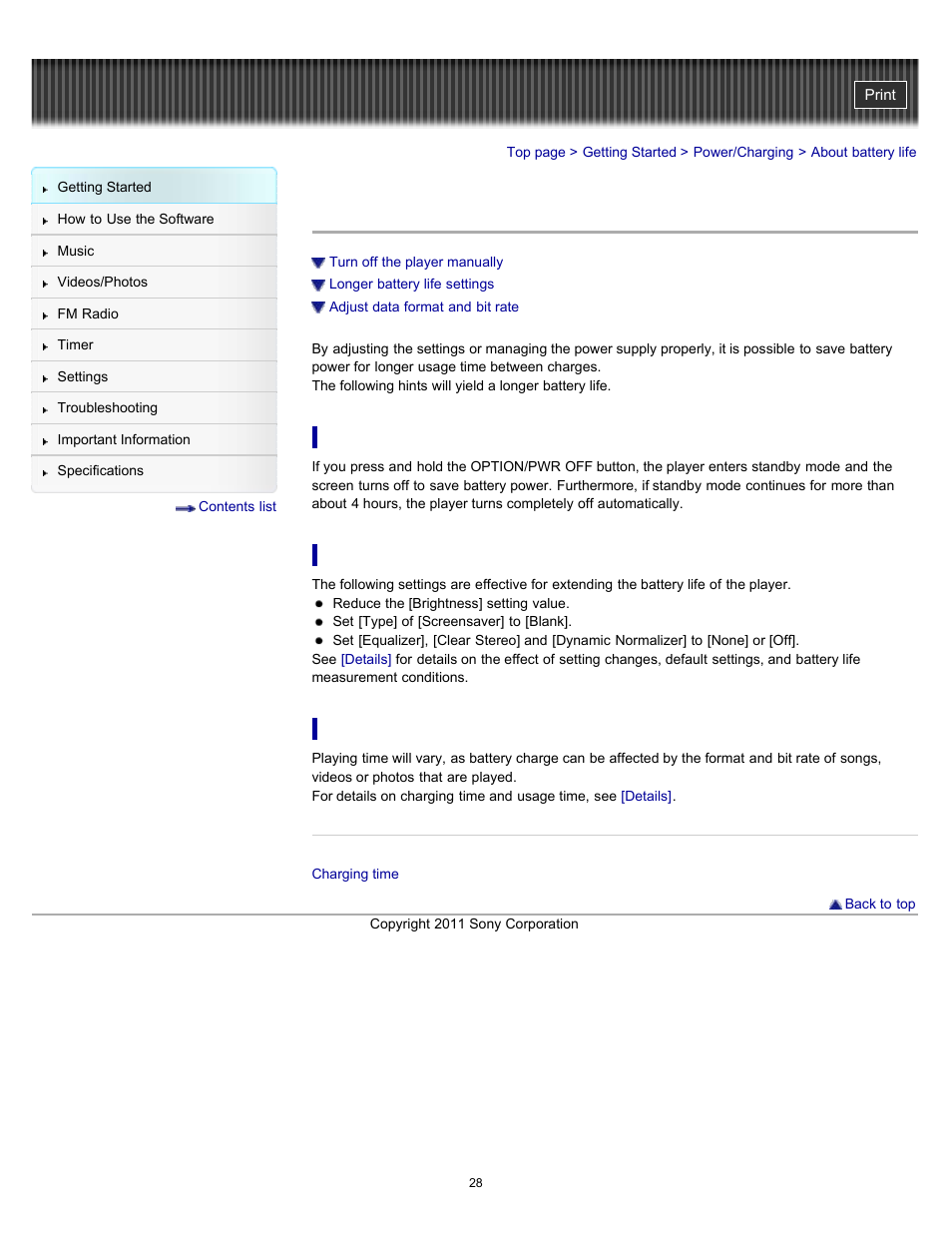 About battery life | Sony NWZ-E364BLK User Manual | Page 28 / 172