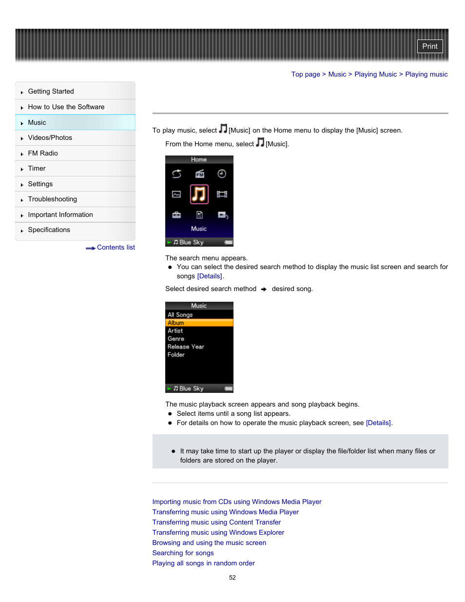 Playing music, Details | Sony NWZ-E364BLK User Manual | Page 52 / 172