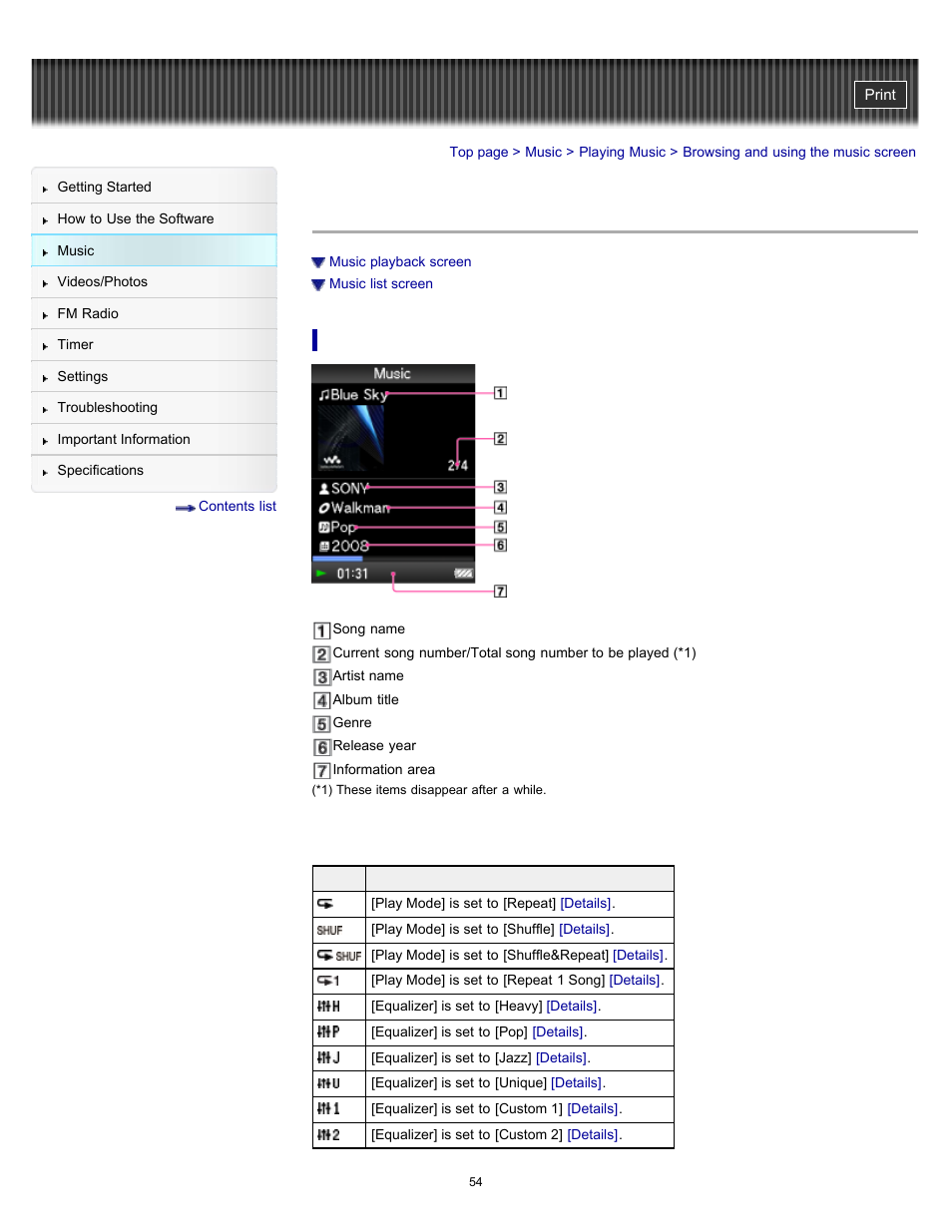Browsing and using the music screen, Details | Sony NWZ-E364BLK User Manual | Page 54 / 172