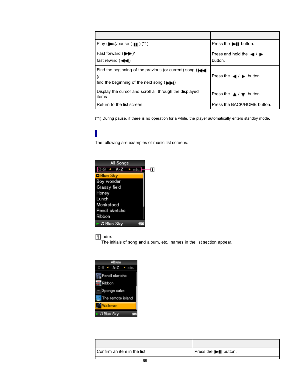 Music list screen | Sony NWZ-E364BLK User Manual | Page 55 / 172