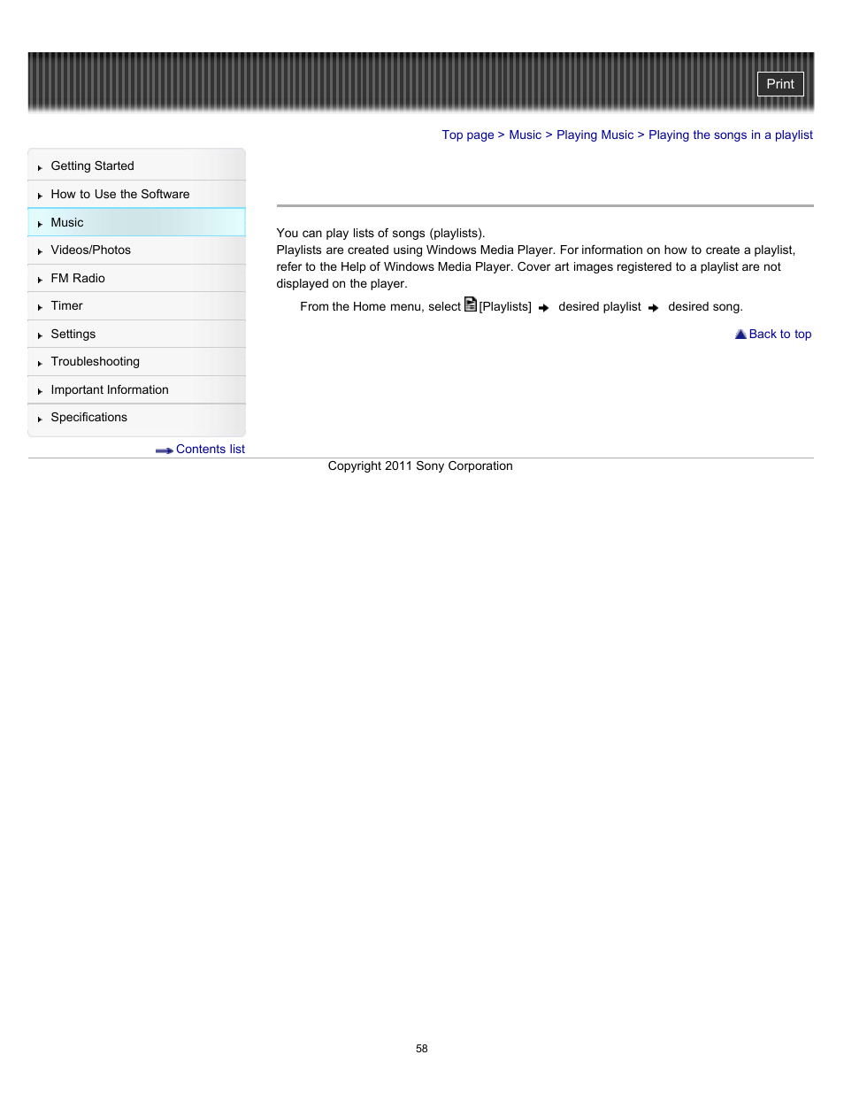 Playing the songs in a playlist, Details | Sony NWZ-E364BLK User Manual | Page 58 / 172