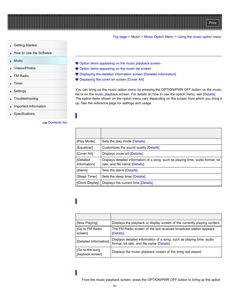 Using the music option menu | Sony NWZ-E364BLK User Manual | Page 61 / 172
