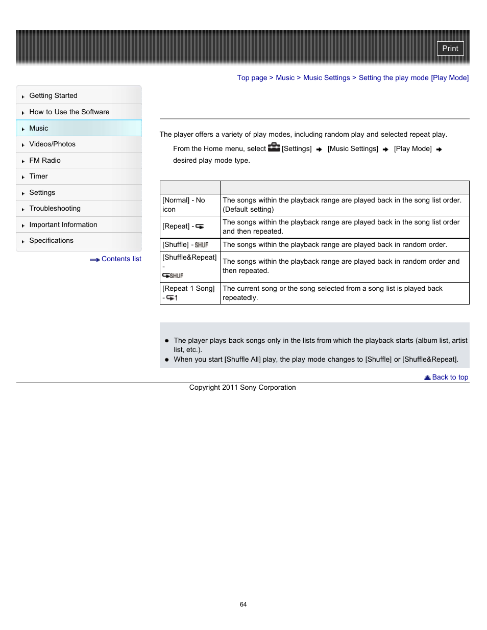 Setting the play mode [play mode, Details | Sony NWZ-E364BLK User Manual | Page 64 / 172