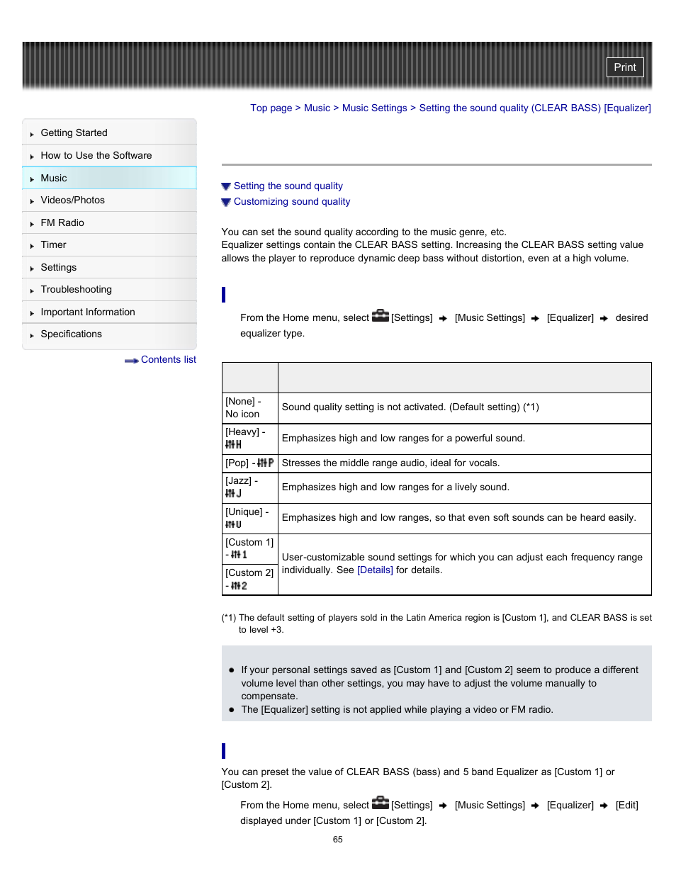 Setting the sound quality (clear bass) [equalizer, Details | Sony NWZ-E364BLK User Manual | Page 65 / 172