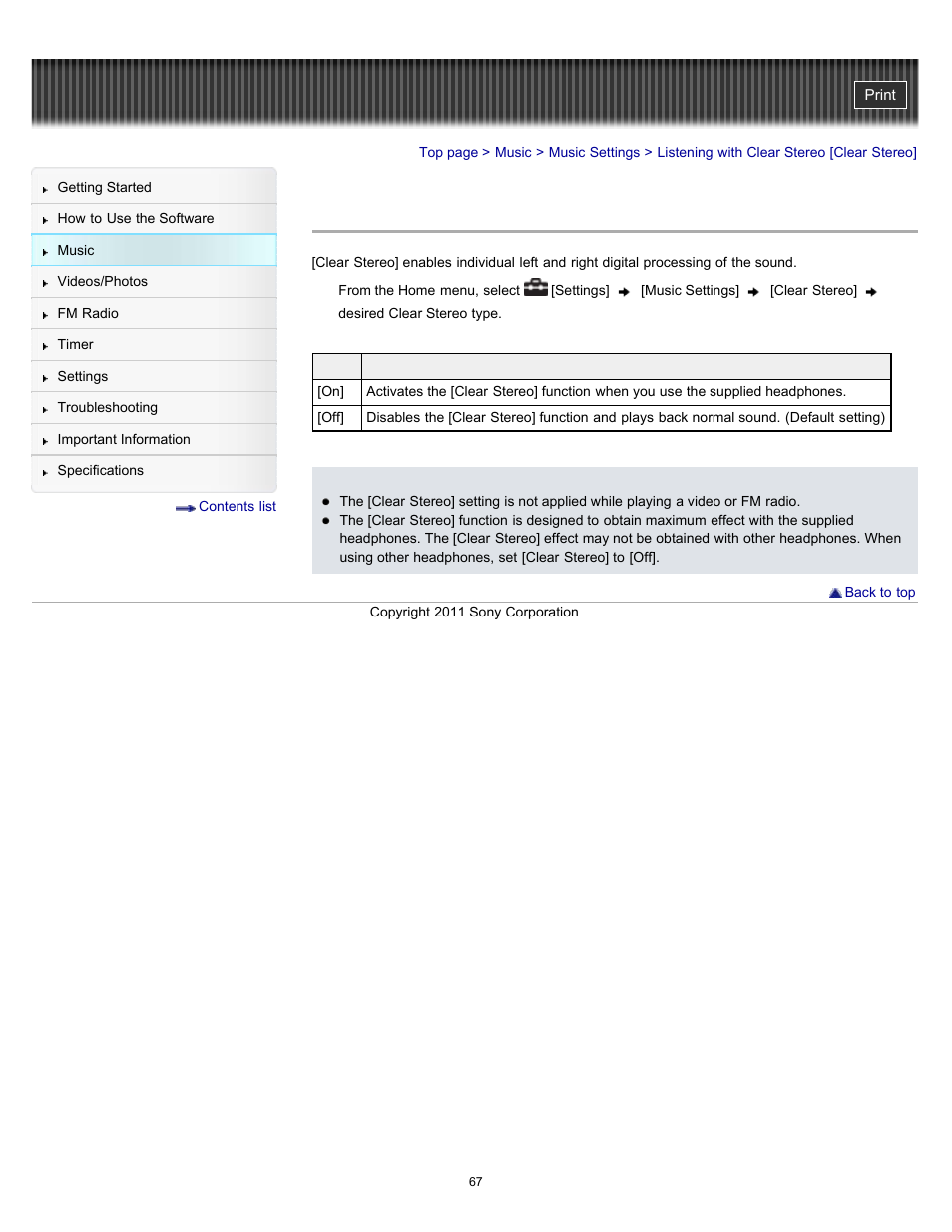 Listening with clear stereo [clear stereo | Sony NWZ-E364BLK User Manual | Page 67 / 172