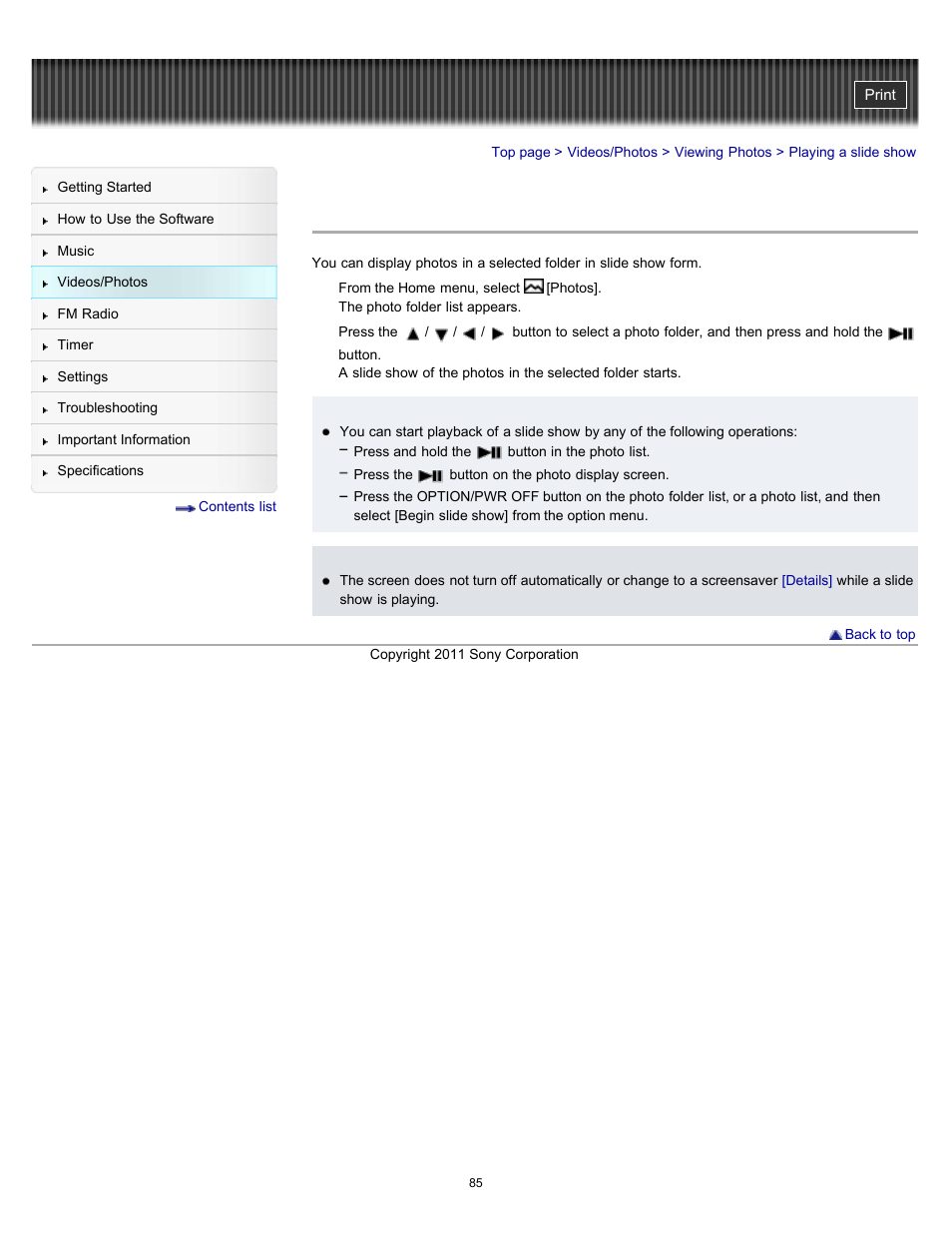 Playing a slide show, Details | Sony NWZ-E364BLK User Manual | Page 85 / 172