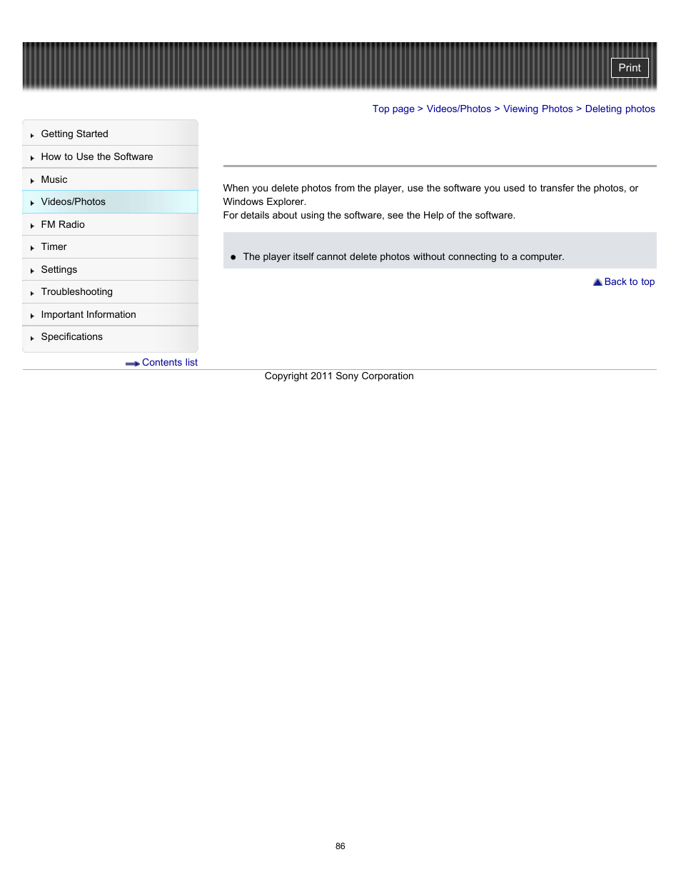 Deleting photos | Sony NWZ-E364BLK User Manual | Page 86 / 172