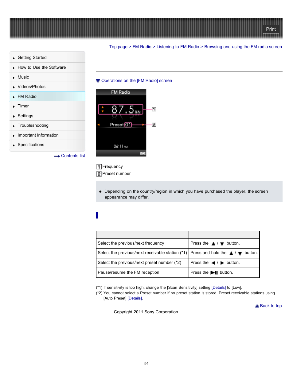 Browsing and using the fm radio screen, Details | Sony NWZ-E364BLK User Manual | Page 94 / 172