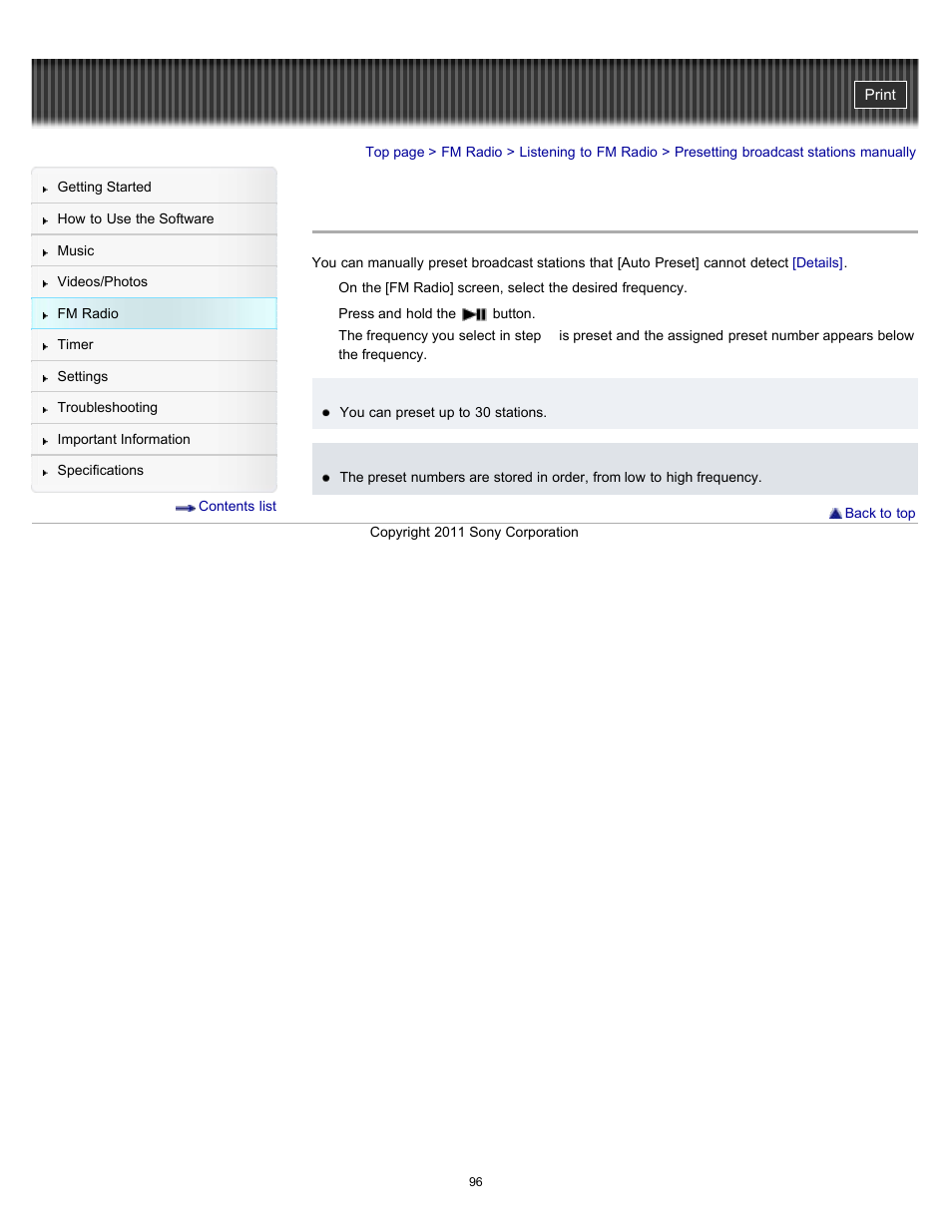 Presetting broadcast stations manually, Details | Sony NWZ-E364BLK User Manual | Page 96 / 172