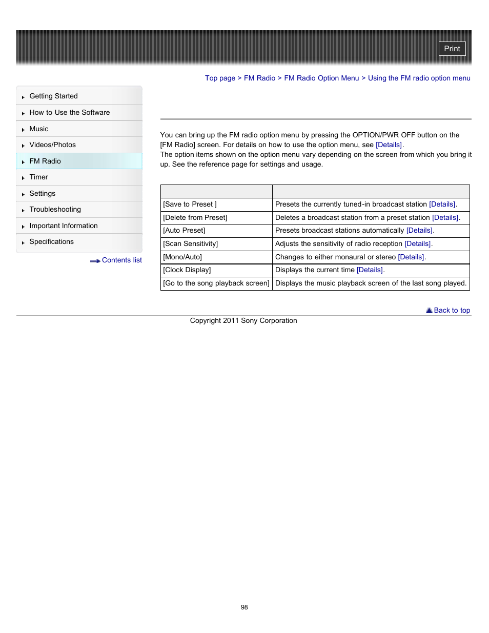Using the fm radio option menu | Sony NWZ-E364BLK User Manual | Page 98 / 172
