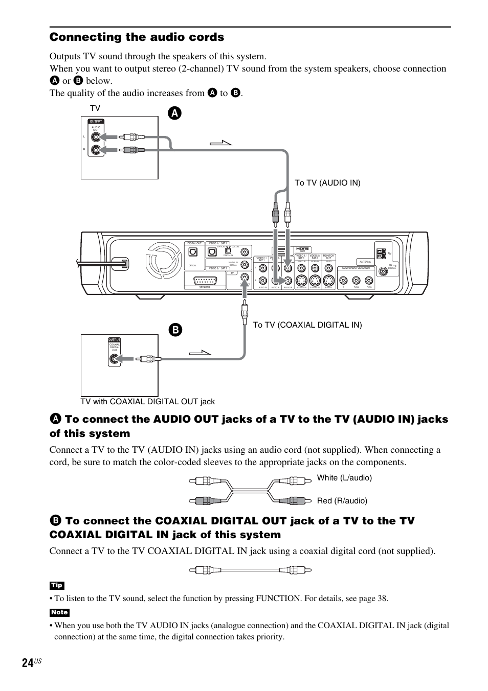 Connecting the audio cords, White (l/audio) red (r/audio) | Sony DAV-X1 User Manual | Page 24 / 99