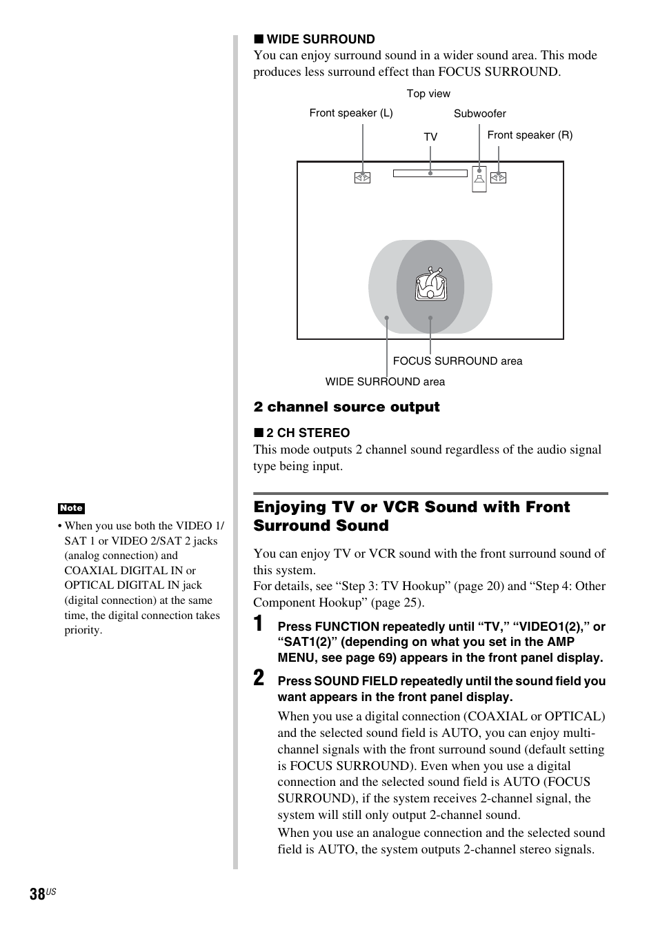 Enjoying tv or vcr sound with front surround sound | Sony DAV-X1 User Manual | Page 38 / 99
