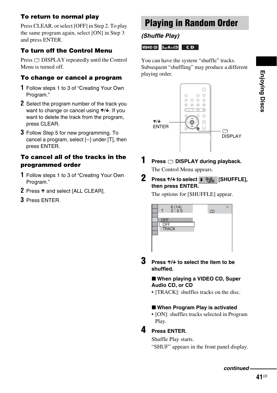 Playing in random order, Shuffle play) | Sony DAV-X1 User Manual | Page 41 / 99