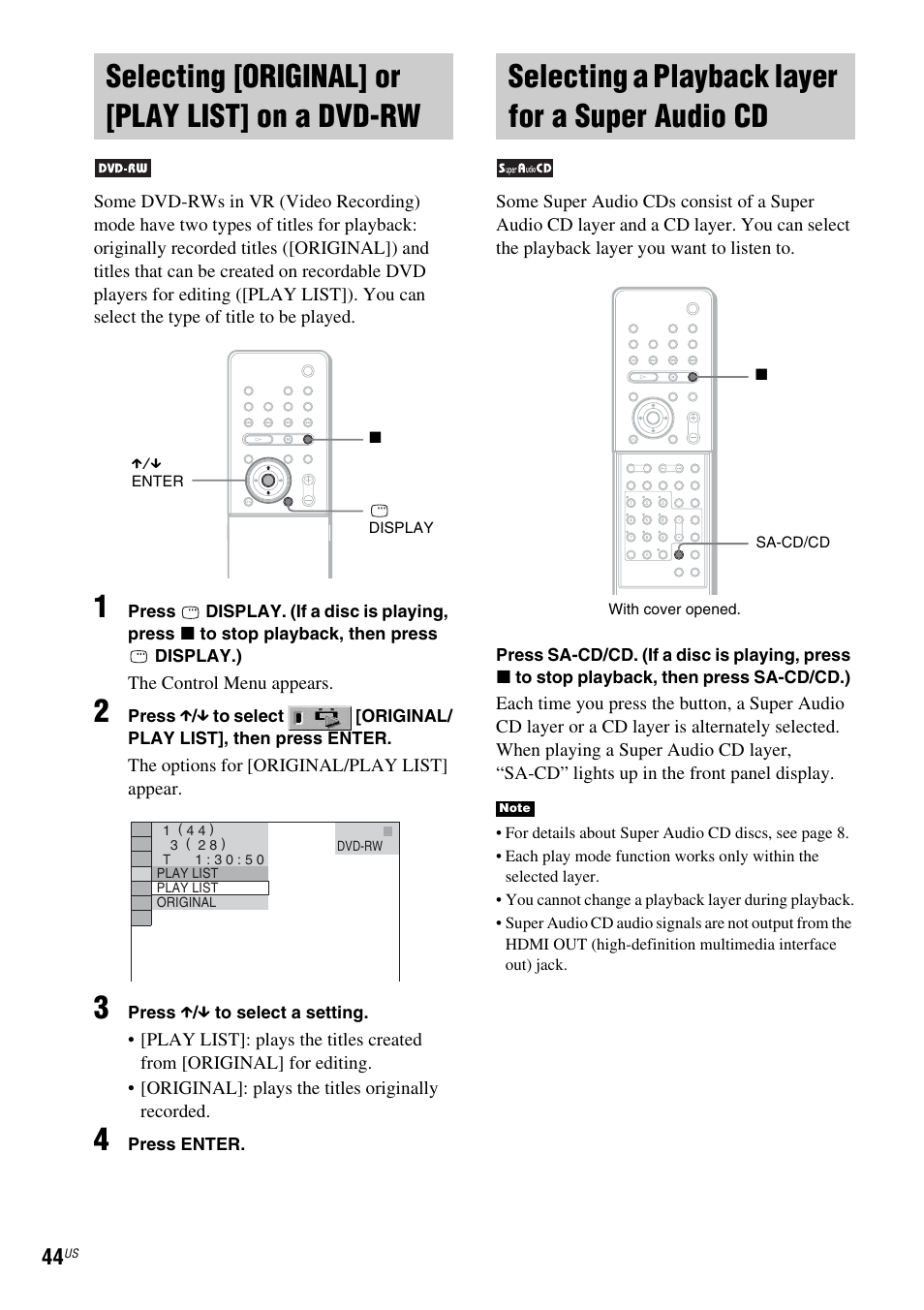 Selecting [original] or [play list] on a dvd-rw, Selecting a playback layer for a super audio cd, Selecting [original] or [play list | On a dvd-rw, Selecting a playback layer for a super, Audio cd | Sony DAV-X1 User Manual | Page 44 / 99