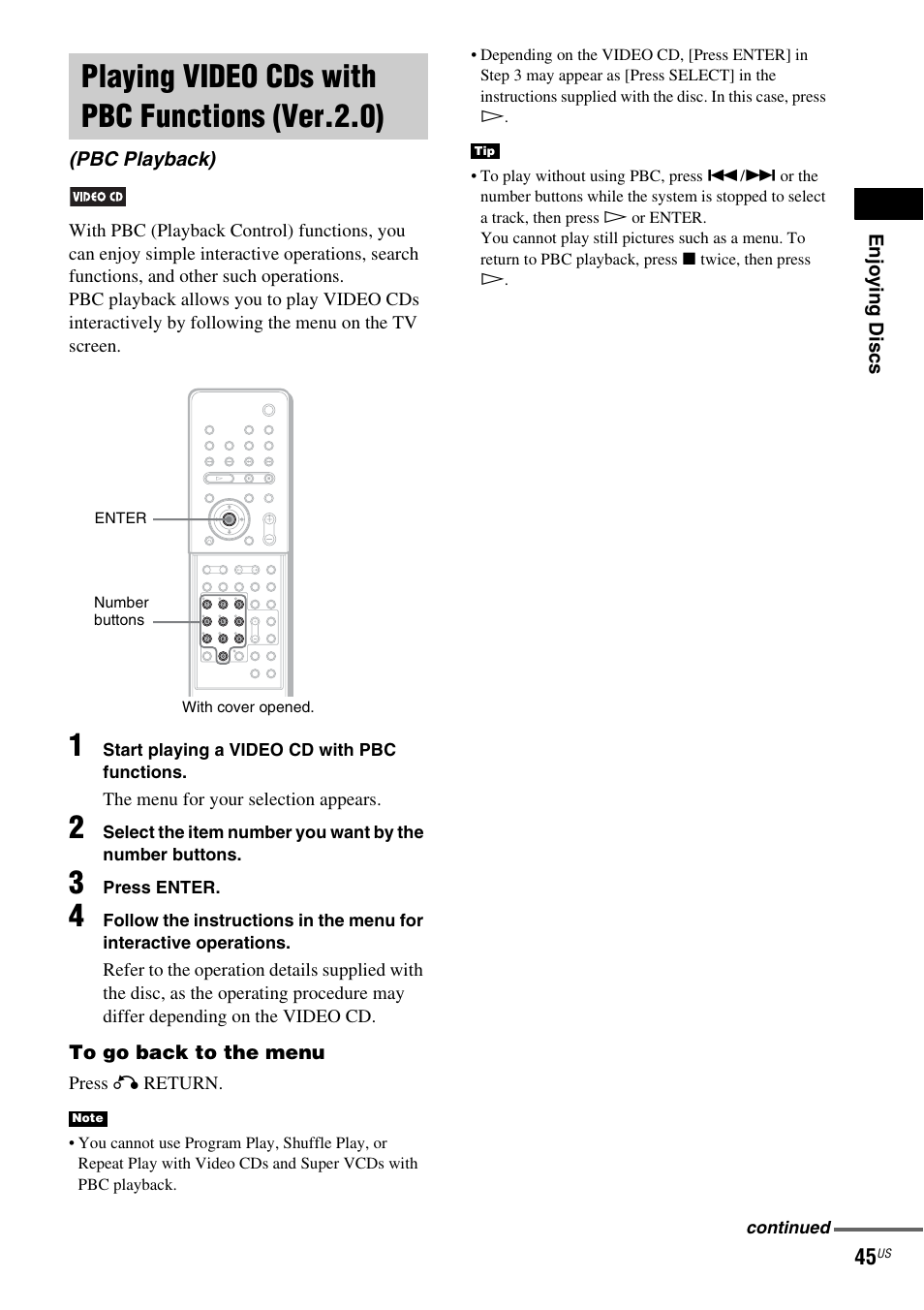 Playing video cds with pbc functions (ver.2.0), Pbc playback), Playing video cds with pbc | Functions (ver.2.0) (pbc playback) | Sony DAV-X1 User Manual | Page 45 / 99