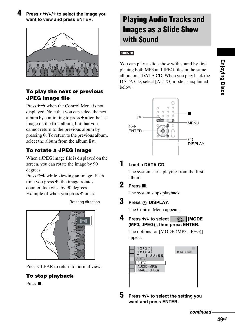 Playing audio tracks and images as a, Slide show with sound | Sony DAV-X1 User Manual | Page 49 / 99