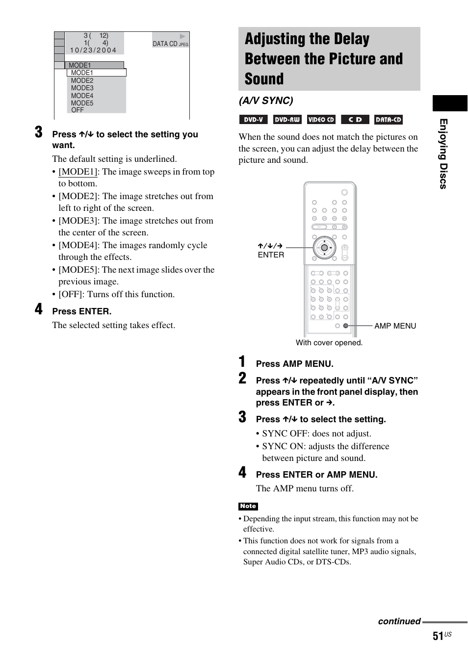 Adjusting the delay between the picture and sound, A/v sync), Adjusting the delay between the picture | And sound (a/v sync) | Sony DAV-X1 User Manual | Page 51 / 99