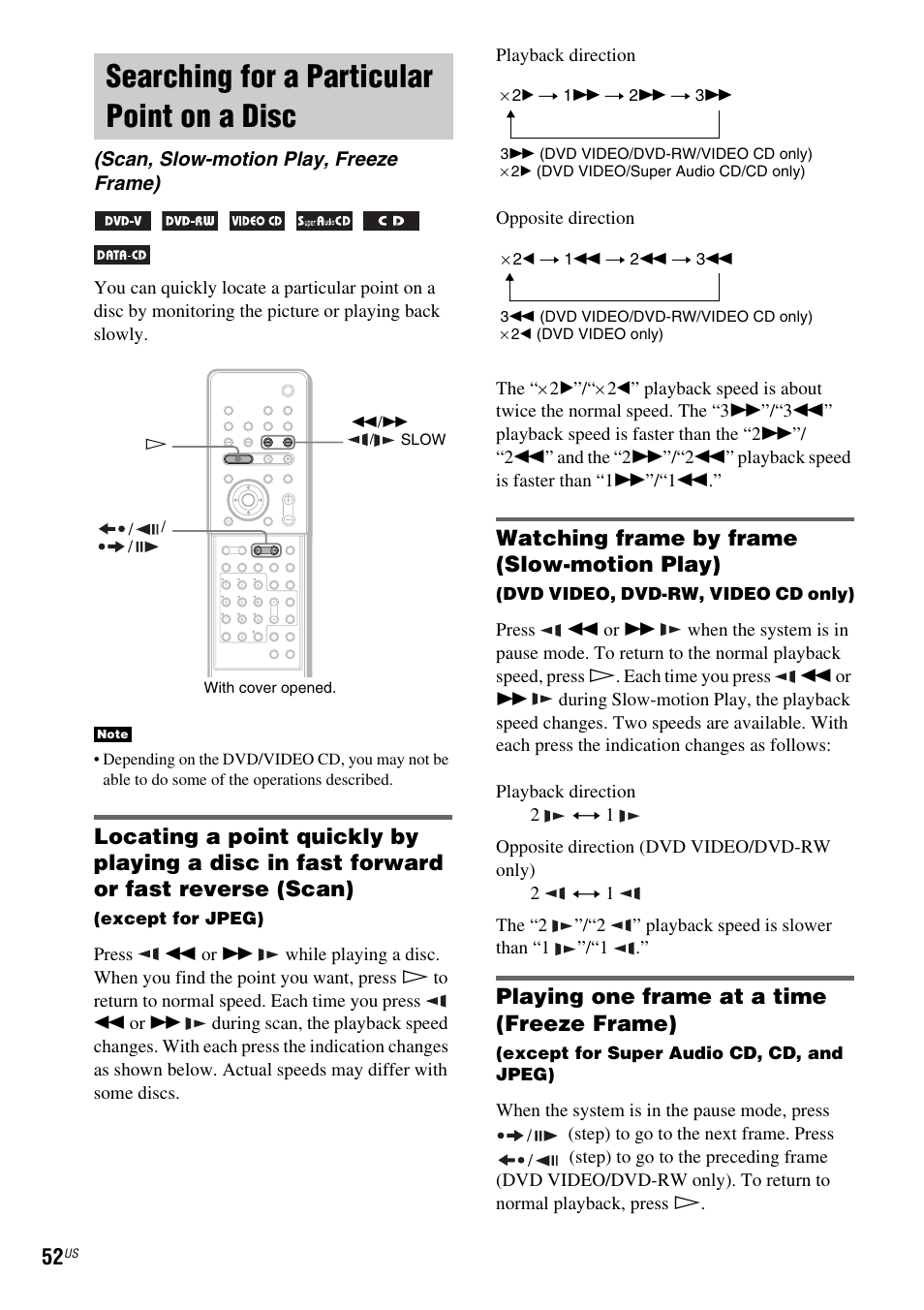 Searching for a particular point on a disc, Scan, slow-motion play, freeze frame), Searching for a particular point | On a disc (scan, slow-motion play, freeze frame), Watching frame by frame (slow-motion play), Playing one frame at a time (freeze frame) | Sony DAV-X1 User Manual | Page 52 / 99