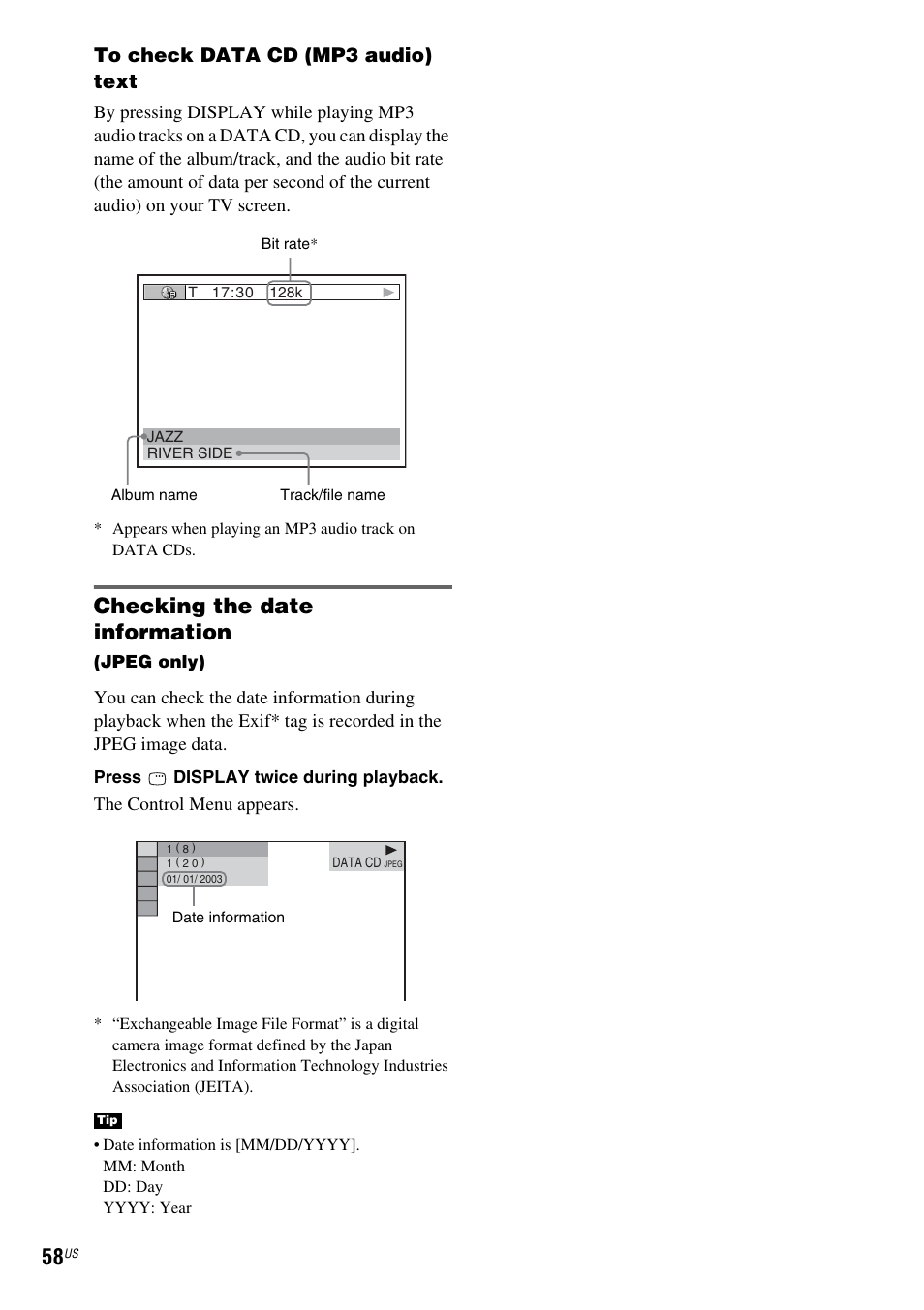 Checking the date information | Sony DAV-X1 User Manual | Page 58 / 99