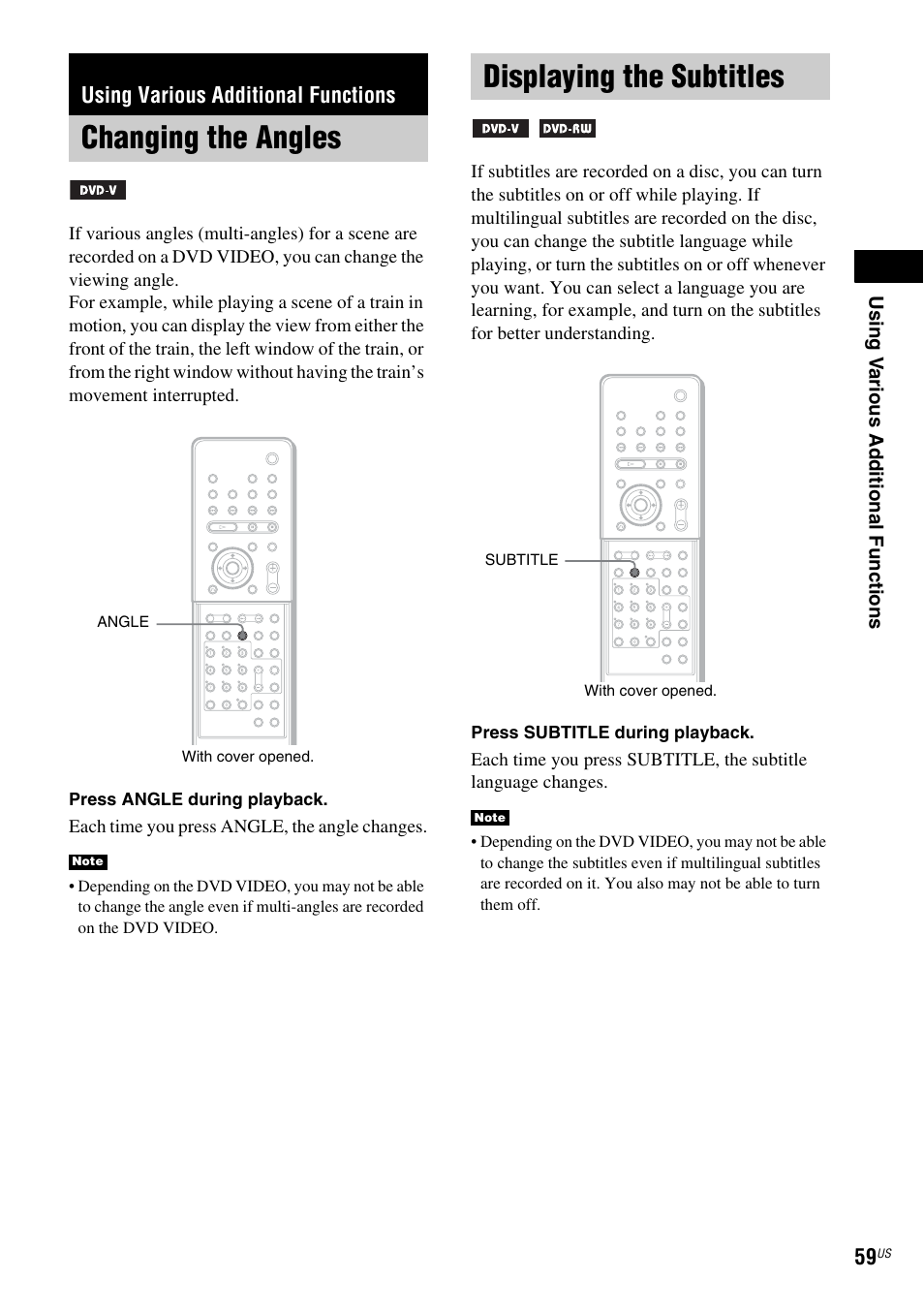 Using various additional functions, Changing the angles, Displaying the subtitles | Changing the angles displaying the subtitles | Sony DAV-X1 User Manual | Page 59 / 99