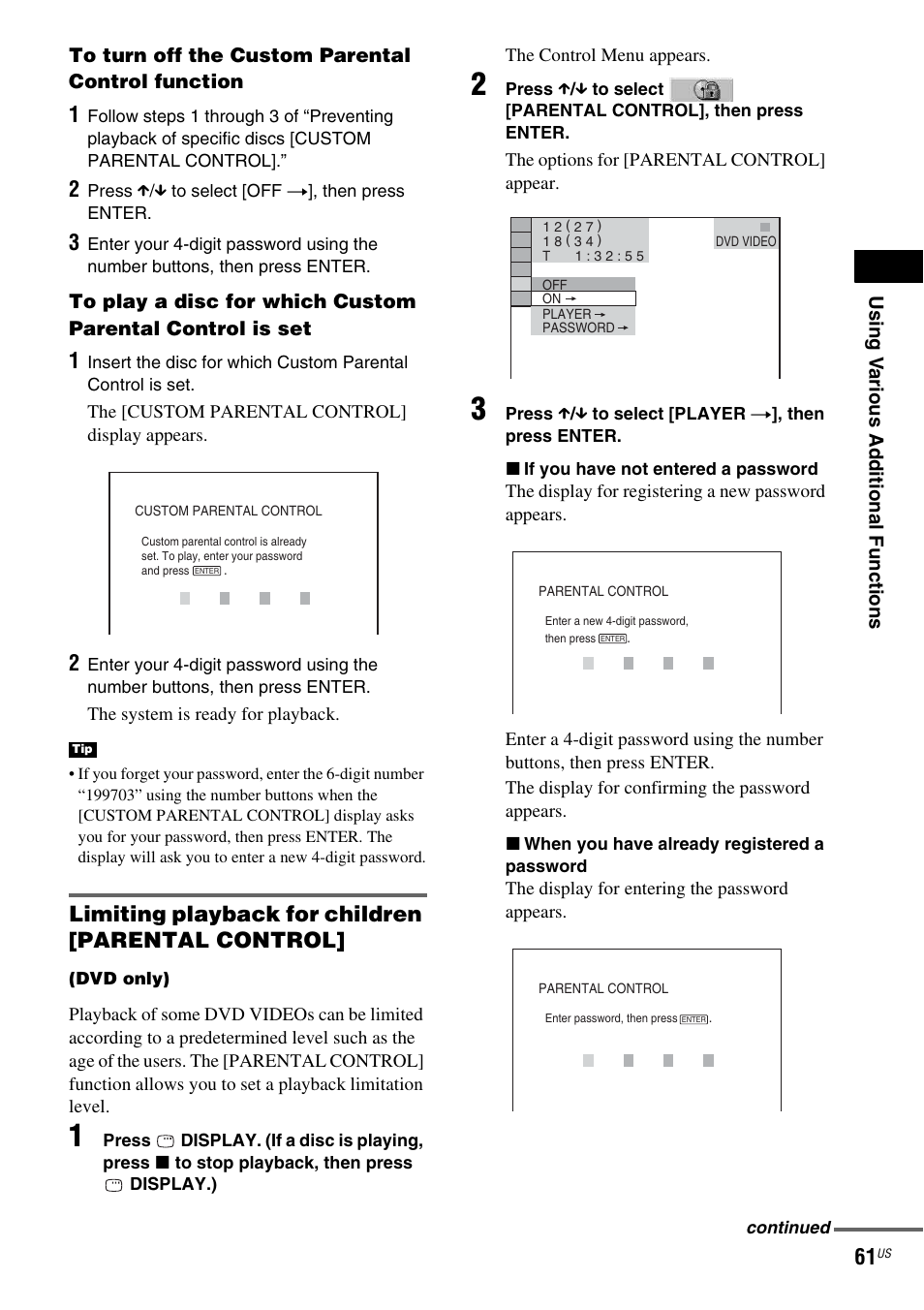 Limiting playback for children [parental control | Sony DAV-X1 User Manual | Page 61 / 99